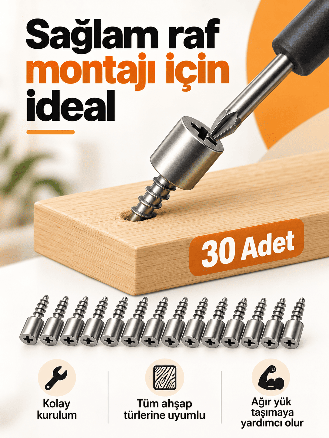 Vidalı Metal Raf Pimi 30'lu Set - Dolap ve Kitaplık Raf Tutucu