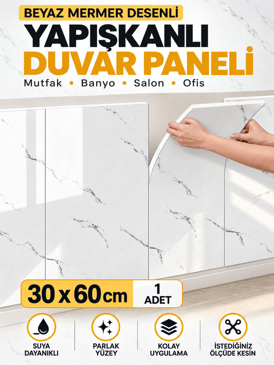 Shiny Beyaz Mermer Desenli Yapışkanlı Duvar Paneli 30x60 cm