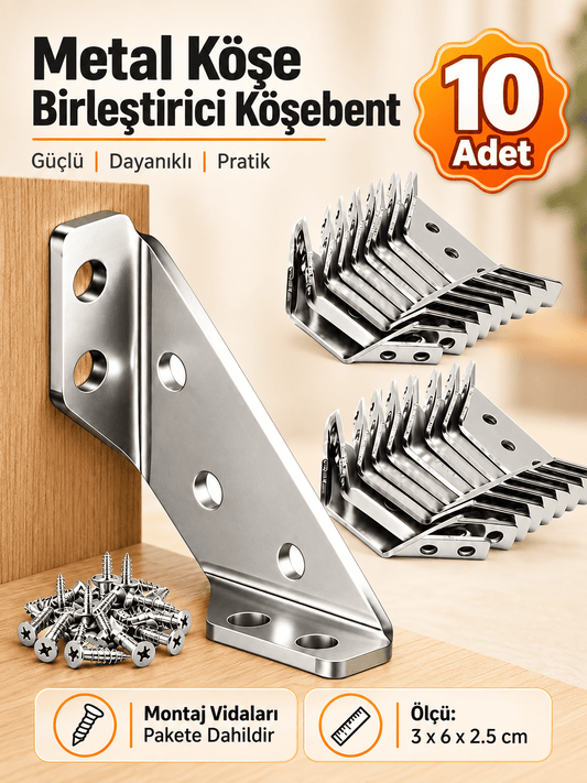 Metal Köşe Birleştirici Köşebent 10'lu Set - Vidaları Dahil