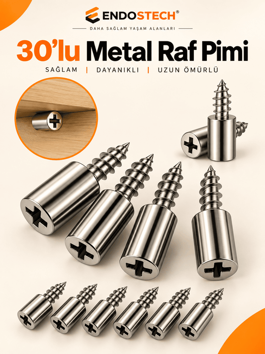 Vidalı Metal Raf Pimi 30'lu Set - Dolap ve Kitaplık Raf Tutucu