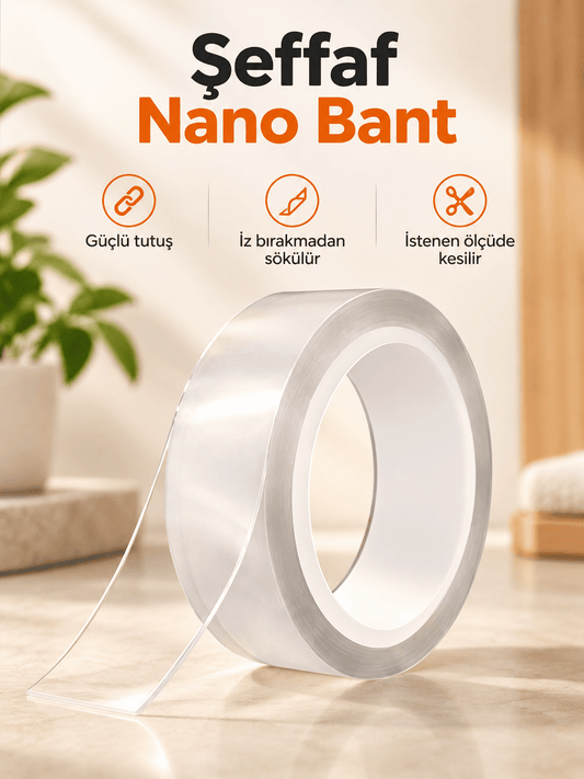 Nano Çift Taraflı Bant 3 Metre - Yüksek Mukavemetli Şeffaf Yapıştırıcı Bant